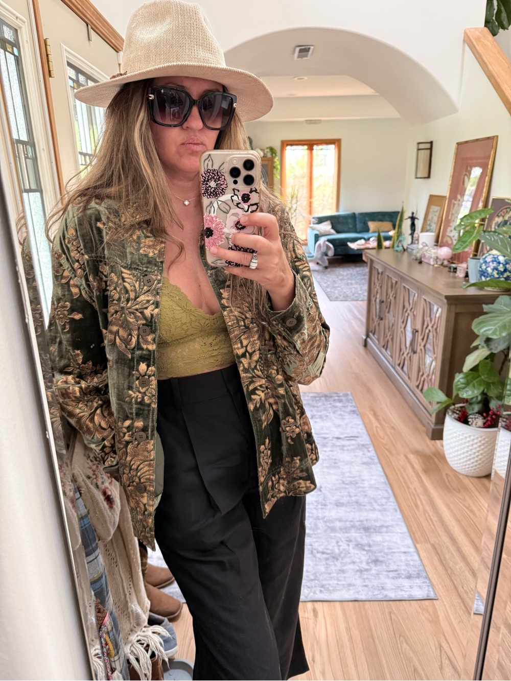 erin london Olive Green Velvet Jacket with Gold Floral Burnout